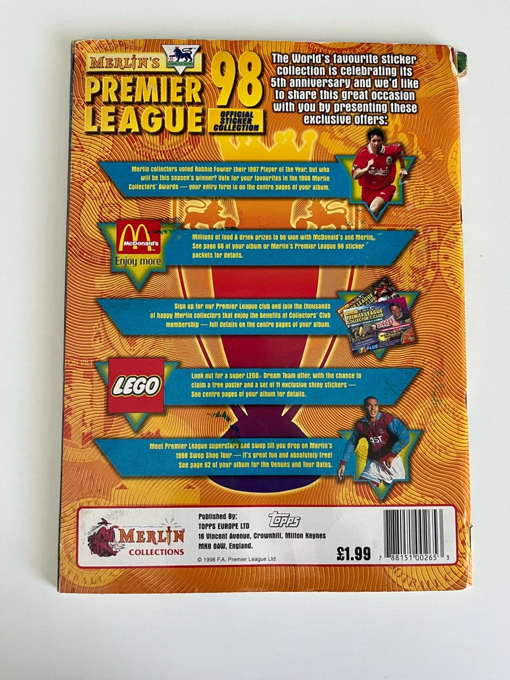Merlin English Premier League 1998 Sticker Book #1 Soccer Football Topps Panini